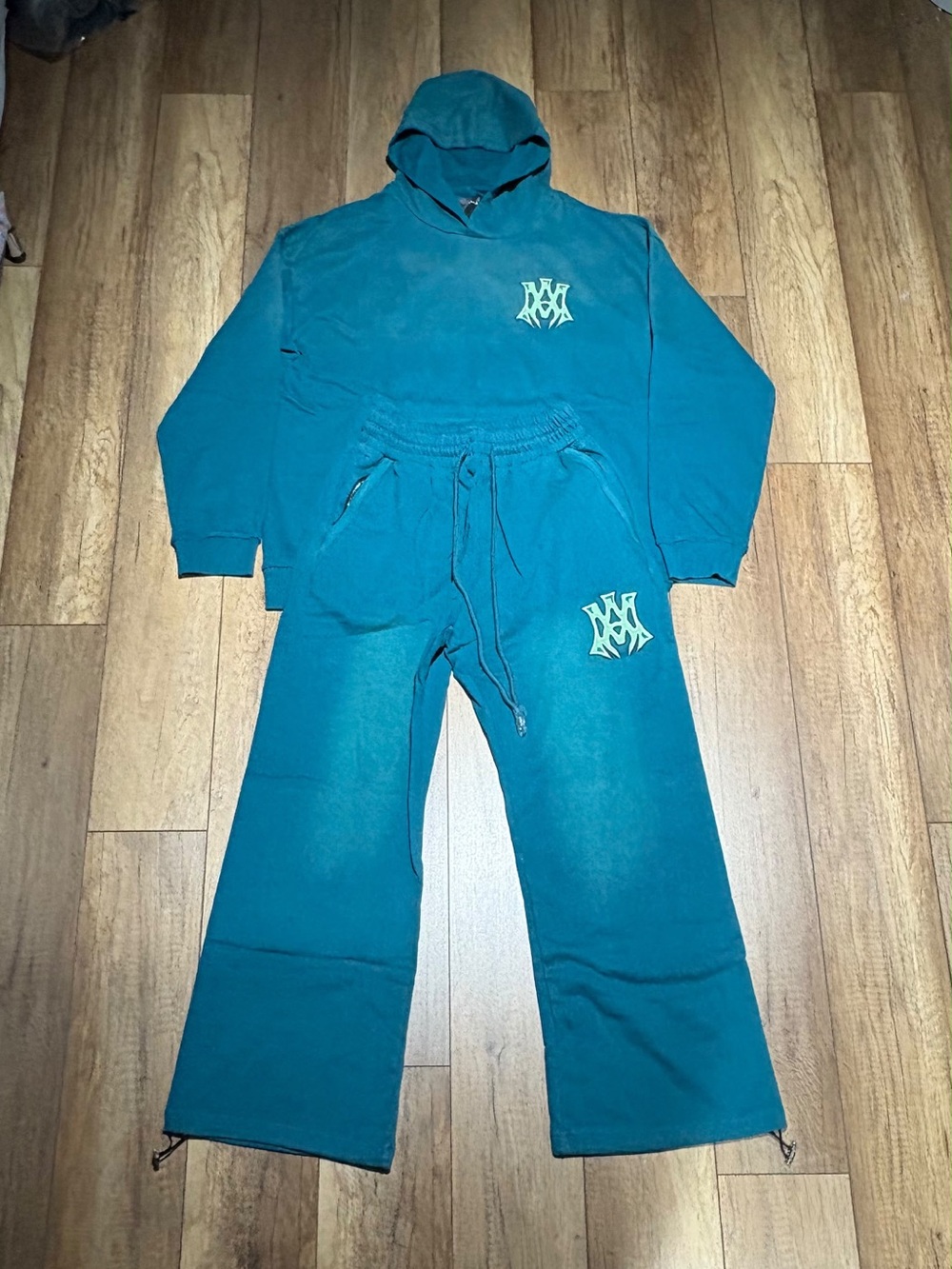 Amiri Hollywood Mens Turquoise Blue Green Hoodie and Sweatpants Set Size XL